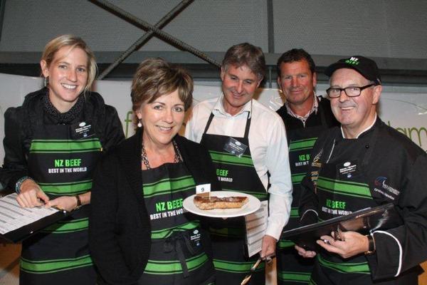 Line up of judges from last year's Steak of Origin challenge. From L to R: Commonwealth Gold Medallist Alison Shanks, food writer and television personality Julie Biuso, radio host Jamie Mackay, All Black Legend Richard Loe and top chef, Graham Hawkes.
